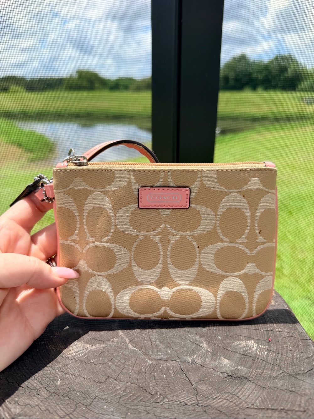 Coach Signature Jacquard Wristlet Khaki Pink Teal Hangtag Y2K Pouch